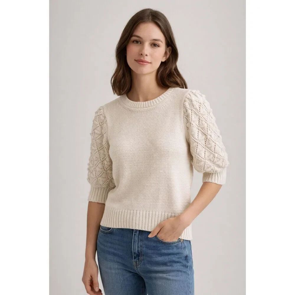 Pologram Sweater Women's Large Tan Knit Crochet Short Sleeves